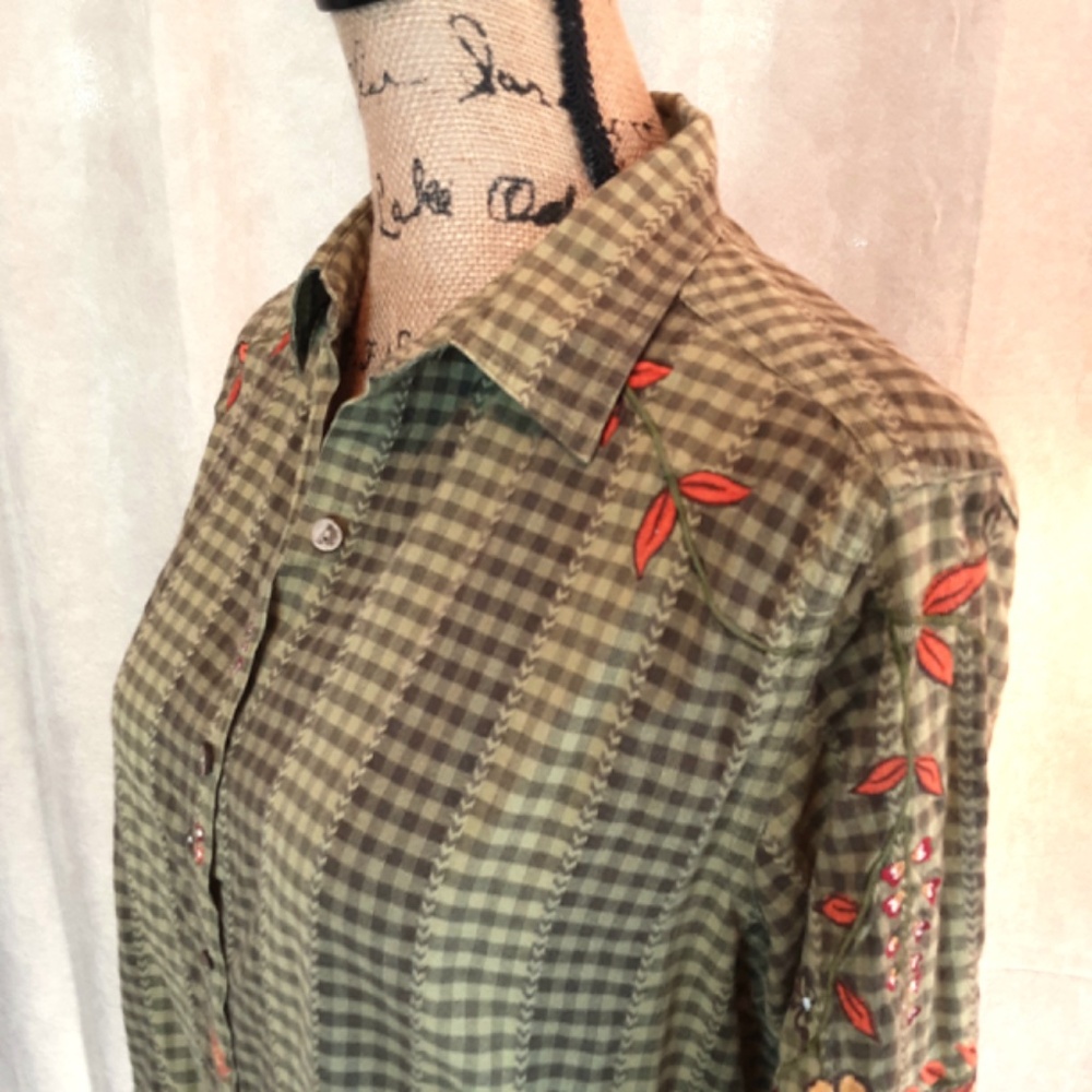 Bobbie Brooks Green Plaid Embroidered Button Cotton Tunic Size S
